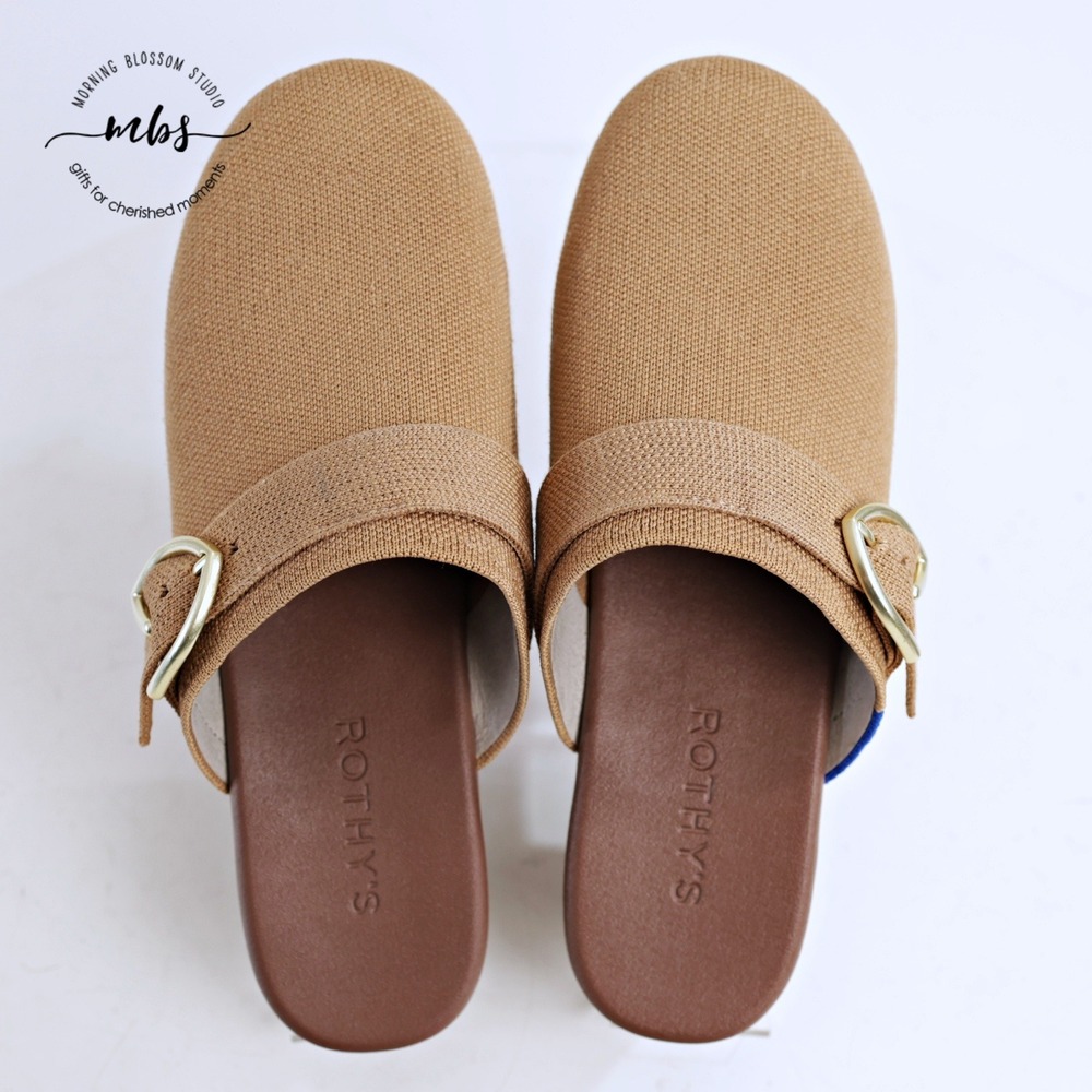 Rothy's Tan Canvas Clog Mules with Gold Buckle - Picture 5 of 14
